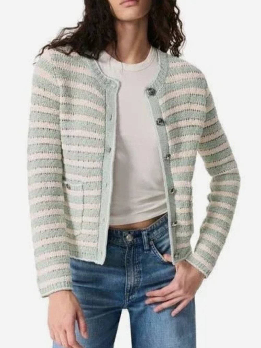 rag & bone Jace Striped Cotton-Blend Lady Cardigan – Sage Green Multi